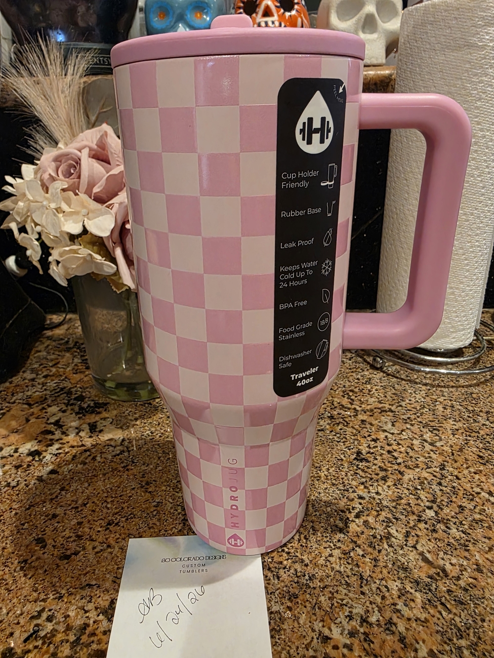 Pink Checkered Travel Tumbler with Handle